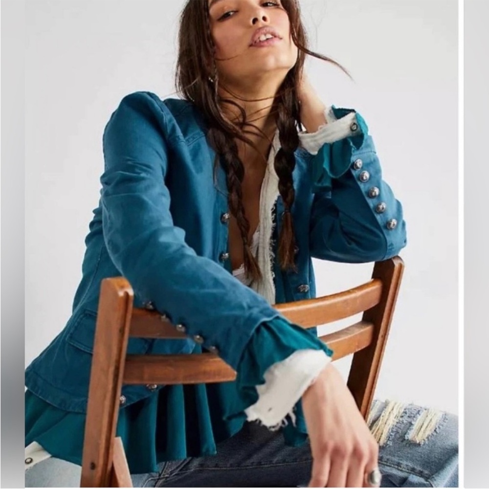 Free People Ruffles Romance Jacket in Teal Jewel - Picture 5 of 9